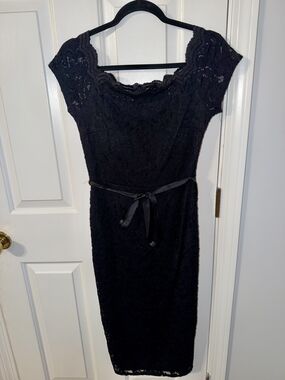 Black Lace Sheath Dress with Ribbon Belt
